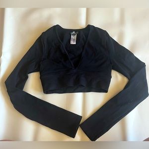 Long sleeve Deep V-Neck Black Ribbed Crop Top